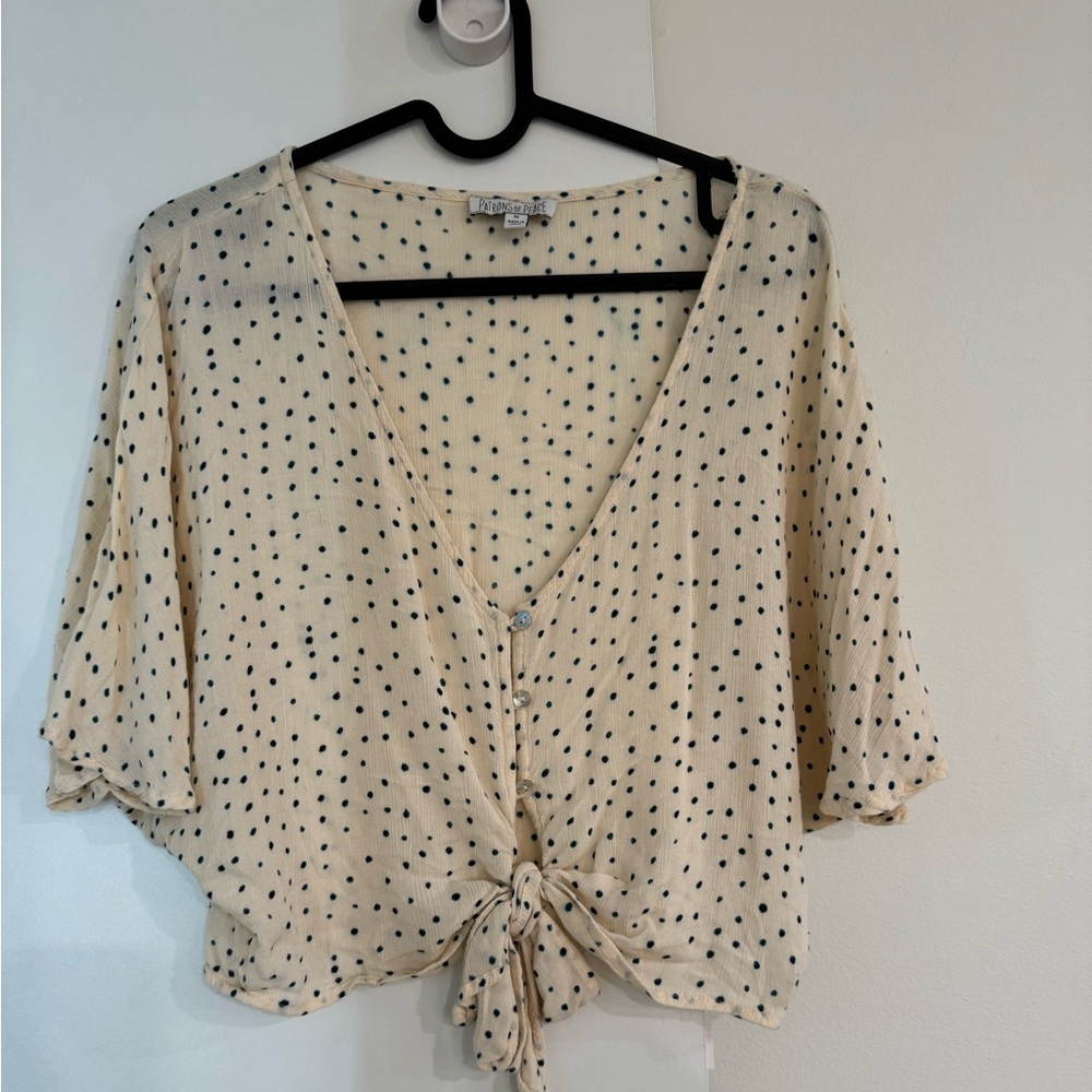 Cropped Cream and Blue Polka Dot Shirt